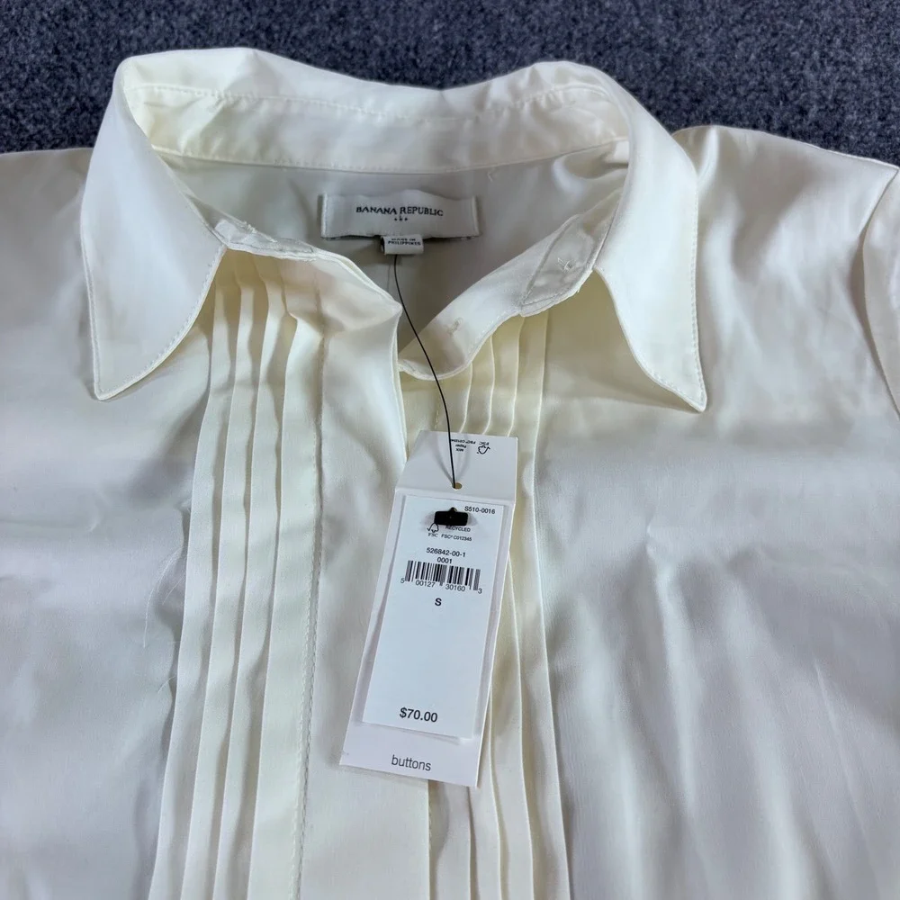Banana Republic Tuxedo Shirt‎ Women S Ivory Pleated Front Long Sleeve NWT Blouse